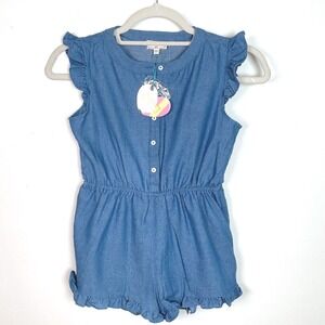 Hayden Girls Blue Chambray Flutter Sleeve Ruffle Romper Size Large NWT